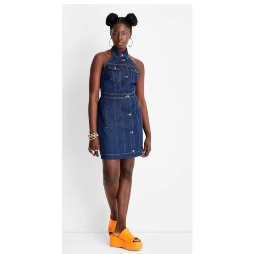 Future Collective Denim Halter Button-Front Dress - Dark Blue size 8 - Picture 6 of 8